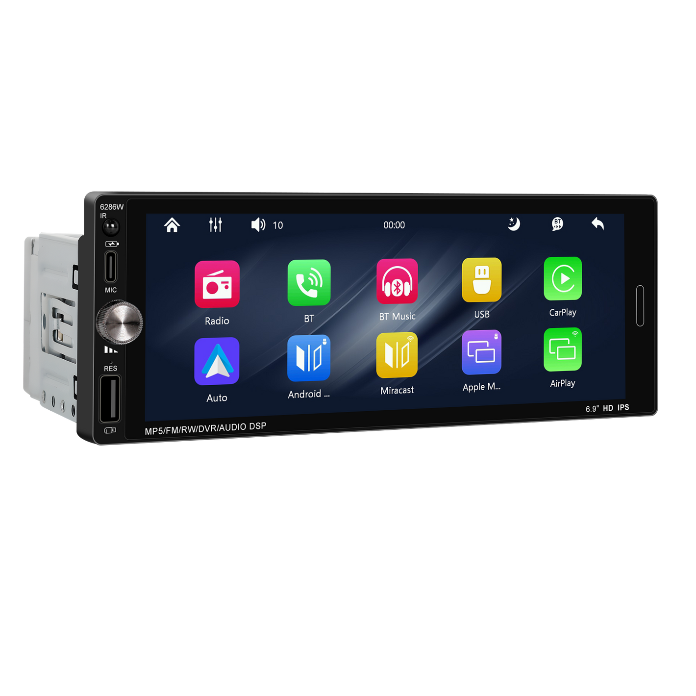 Universal 6.9″ IPS Touch Screen | Wireless CarPlay & Android Auto | Bluetooth | FM Radio | USB/Type-C | Free Reverse Camera