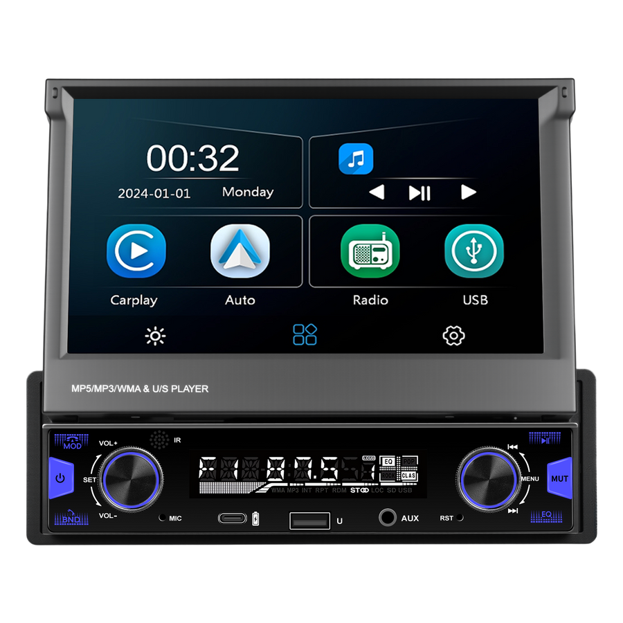 Blackbelt Audio A4158 | Single DIN CarPlay & Android Auto | 7" Retractable Screen
