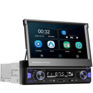 Universal | 7″ Retractable Touch Screen Car Stereo | Wired CarPlay & Android Auto | Bluetooth | FM/AM | Mirror Link | USB & Type-C | Steering Wheel Control