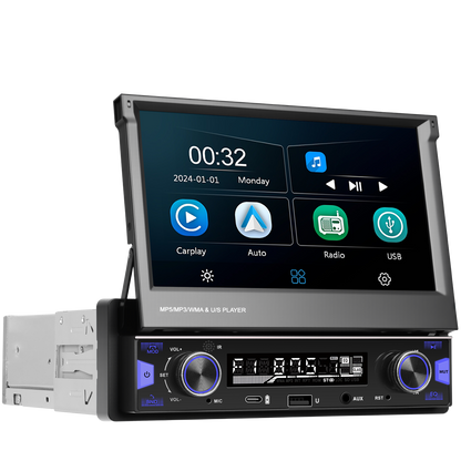 Universal | 7″ Retractable Touch Screen Car Stereo | Wired CarPlay & Android Auto | Bluetooth | FM/AM | Mirror Link | USB & Type-C | Steering Wheel Control