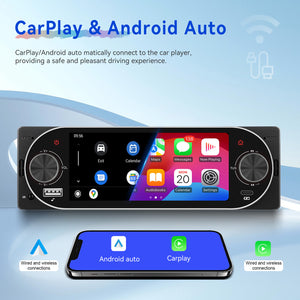 Universal Fit | 5.1″ Android Touch Screen Radio | Wireless & Wired CarPlay + Android Auto | Bluetooth | EQ Sound | USB | FM Radio